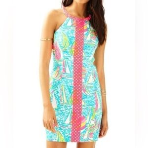 Lilly Pulitzer Sasha U Gotta Regatta Sailboats Crochet Shift Dress Pink Blue 2